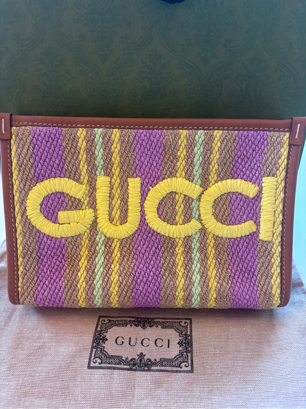 Gucci Jute Logo Clutch in Pink & Yellow